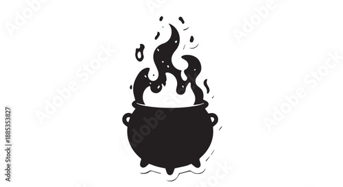 Silhouette of a bubbling cauldron with blazing flames and pot on fire.