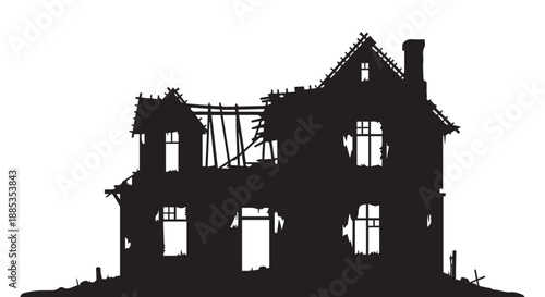 Ruined two-story house silhouette with broken windows and charred walls against a stark ruinscape.