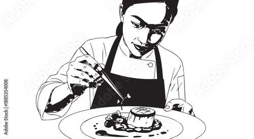 Chef meticulously decorates dessert plate with precise plating in a culinary scene.