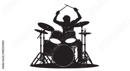 Silhouette of a drummer performing with drum kit on stage, creating an energetic musical moment.