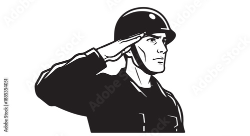 Illustrated soldier in helmet saluting with hand to forehead in a monochrome line art drawing.