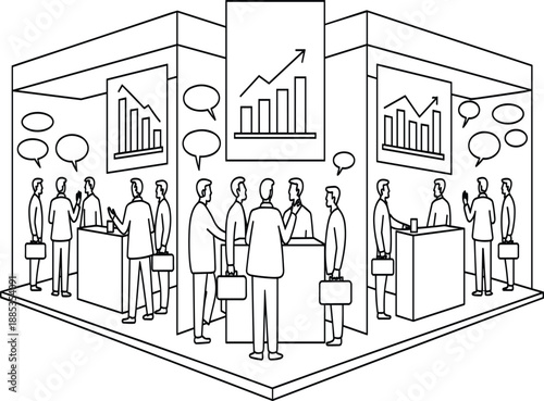 Professional business people networking at tradeshow exhibition booth with data growth charts and speech bubbles