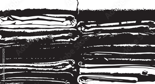 Black and white stacked paper texture with bold lines and creases.