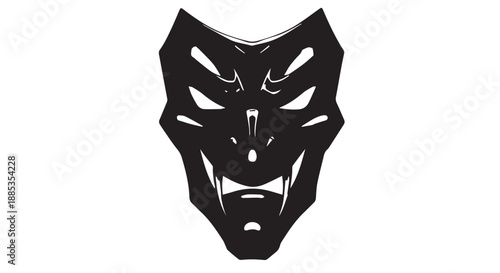 Stylized black demon mask silhouette with horns and fierce, intense expression.