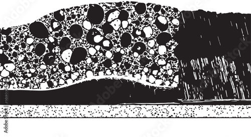 Monochrome Bubble Pattern with Curved Horizon and Textured Stripes across Abstract Motion.