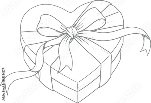Beautifully rendered black and white line art drawing of a classic heart shaped gift box adorned with an elaborate decorative ribbon and bow for romantic occasions.