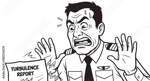 Stressed businessman reviews a turbulent report, wiping sweat and raising hands in worry.