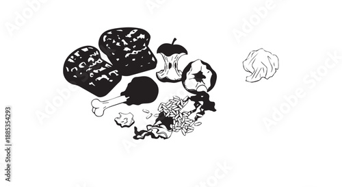 Assorted Wild Mushrooms Illustrated in Black and White Botanical Sketch with Varied Shapes.