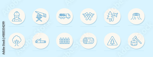 Lumber set icon. Worker, saw blade, wood truck, crossed axes, tree with axe, tree stump, tree, chainsaw, fence, log, forest sign, axe on stump, timber operations.