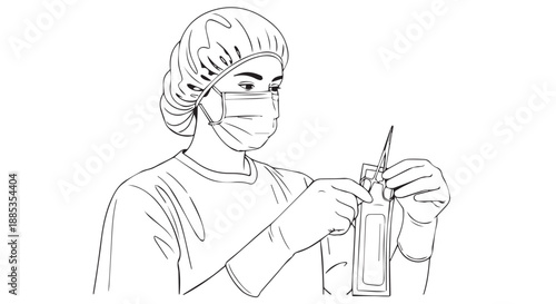 Medical laboratory technician wearing mask and gloves performing pipette procedure in a scientific setting.