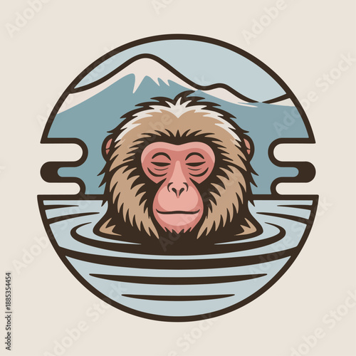 Snow monkey soaking in steaming pool with alpine peaks, circular hot‑spring emblem; minimalist wildlife vector for nature travel and spa themes