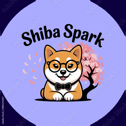 Shiba Spark smiling shiba inu with glasses and bow tie on lavender circle, kawaii tech mascot logo vector for branding, stickers and social media