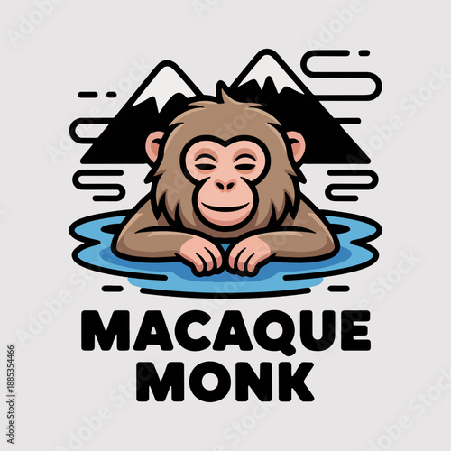 Macaque Monk soaking in hot spring with mountain backdrop, zen meditation mascot logo; cute Japanese onsen emblem vector for wellness and travel