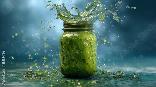 Fresh green smoothie splashing from glass jar, symbolizing healthy lifestyle and organic nutrition