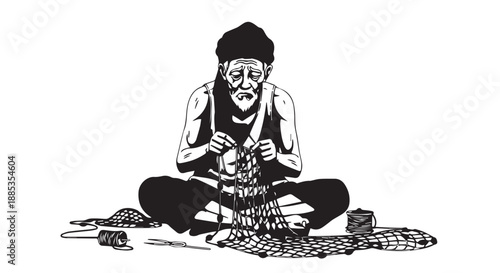 Monochrome illustration of a person cooking on a ground mat with bowls and stones.