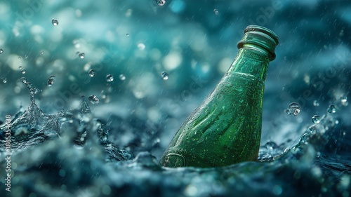 Glass bottle underwater symbolizing ocean pollution and environmental contamination
