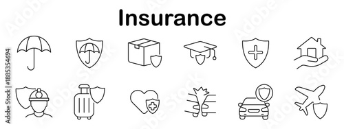 Insurance set icon. Umbrella, shield, package, diploma, medical shield, house hand, worker, luggage, heart, car crash, car shield, airplane shield shown in line format.
