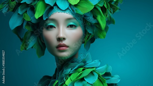 Artistic portrait of a woman with green leaves and natural elements, symbolizing nature, ecology, and environmental harmony