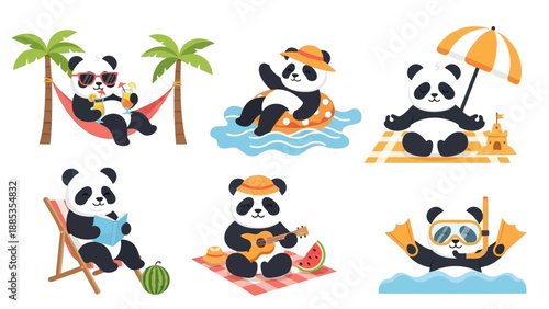 Panda Icon set Relaxing on Beach Vacation with Ukulele and Refreshments