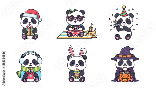 Panda Icon Set Collection in Various Costumes and Actions