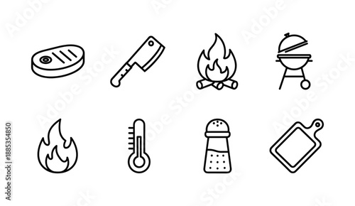 Minimalist bbq icons set featuring grill, steak, and cooking tools in linear style