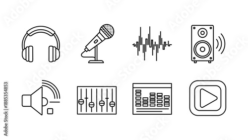 Minimalist audio icons set featuring headphones, microphone, sound wave, speaker, and play button