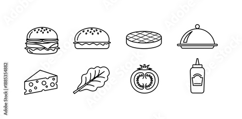 Linear icons of fast food and ingredients including burgers, cheese, and vegetables