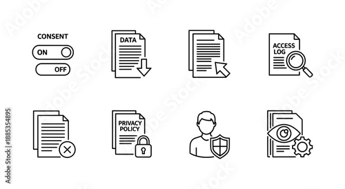 Data protection icons: privacy policy, access logs, consent settings, and user security