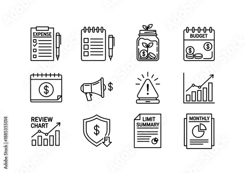 Linear financial icons set: budgeting, investment, and growth concepts