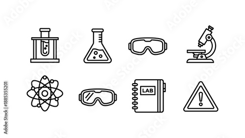 Science lab icons set: equipment, safety gear, and tools for research in linear style