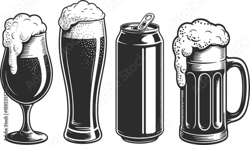 Hand drawn vector illustration set of beer glasses mug and open aluminum can with foam