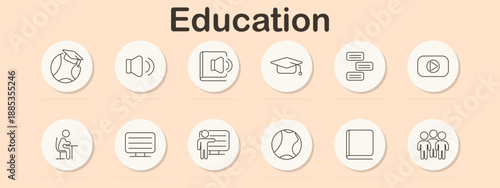 Education set icon. Globe with cap, speaker icons, chalkboard, cap, speech bubbles, video play, student, screen, teacher, globe repeat, book, group outline drawn with digital theme.