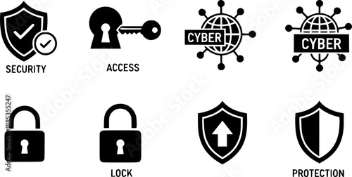 Black vector icons depicting various security and cyber security and hacking and password and protection concepts on white background