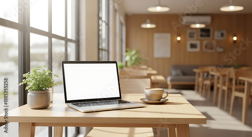Wallpaper Mural Cozy Cafe Workspace with Laptop, Blank Screen, Coffee, & Houseplant. Modern Interior Desk for Remote Work & Study Torontodigital.ca