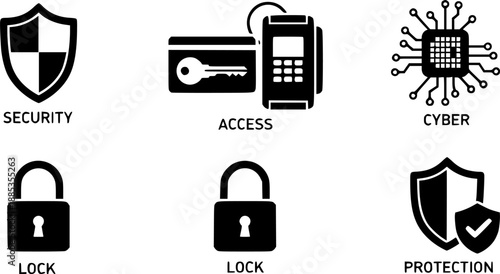 Black vector icons depicting various security and cyber security and hacking and password and protection concepts on white background