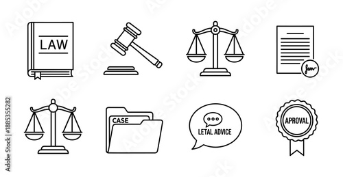 Legal and justice icons set featuring scales, documents, and more in outline style