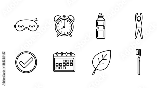 Essential daily routine icons: sleep, hydration, exercise, and personal care symbols in minimalist line art style