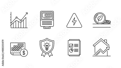 Collection of line icons: business, finance, and sustainability concepts