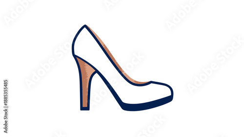 A side view of an elegant high-heeled shoe in white, with navy blue trim and tan accents