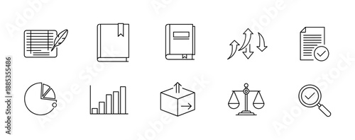 Minimalist business and education icons set with graphs, books, and more