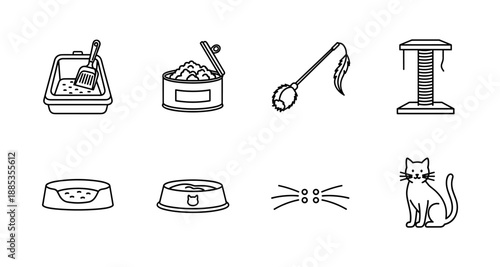 Essential cat care icons: litter box, food bowl, toys, scratching post in linear style