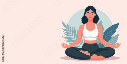 Beautiful woman practicing yoga, meditation, relaxation. Yoga, balance, mindfulness, mental clarity. A vector illustration with a place for text used in the field of mental health and psychology