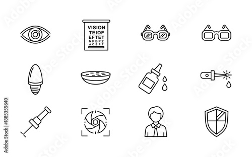 Eye care icons for vision health and protection in minimalistic line style
