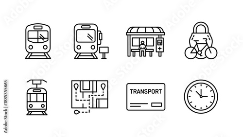 Urban mobility icons: trains, buses, cyclists, and more in minimalist style