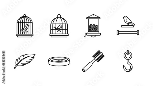 Minimalist icons of bird cages, feeders, perches, and bird supplies in linear style
