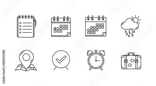 Linear style icons: calendar, weather, map, alarm, and travel suitcase set