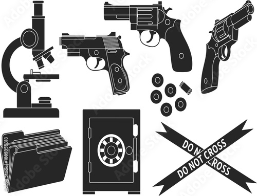 Black and white crime investigation vector icons set with guns microscope safe and forensic tape