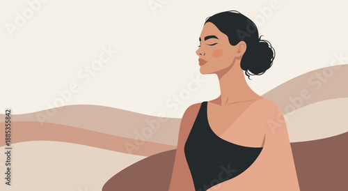 Mental Health Day. Vector illustration with a place for text, woman in profile on a warm beige background with abstract waves. For Psychology, self-help, Mindfulness, awareness, Women's Day, March 8th