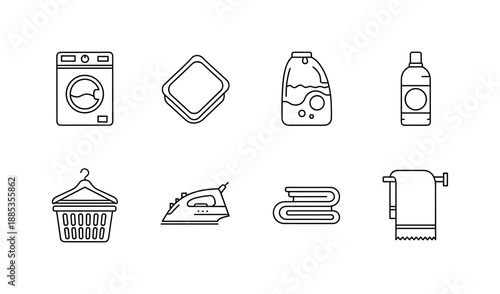 Linear laundry icons set: washing, ironing, and cleaning essentials