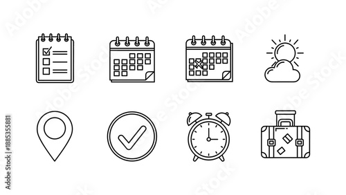 Linear icon set: calendars, weather, location, checklist, alarm, and luggage
